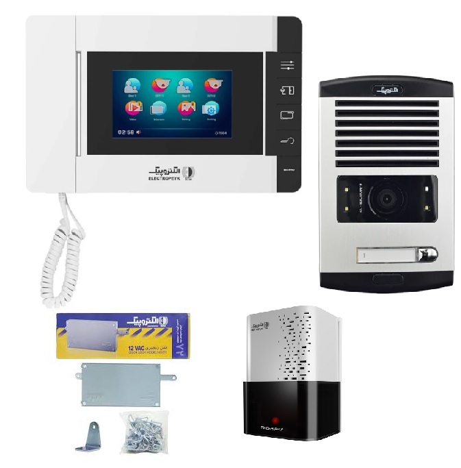 پکیج کامل آیفون تصویری الکتروپیک مدل PRO803 با مانیتور 4.3 اینچ، پنل 1086، قفل زنجیری 671 و منبع تغذیه 1102