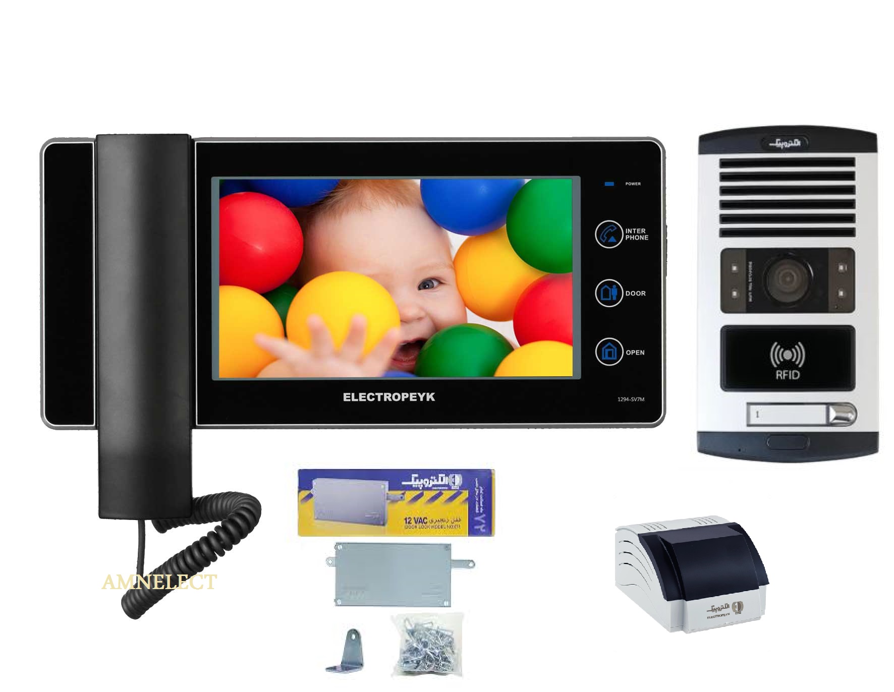 پکیج کامل آیفون تصویری الکتروپیک 1294 حافظه‌دار با پنل RFID 1086، منبع تغذیه V1-386 و قفل زنجیری 671 | قیمت و خرید